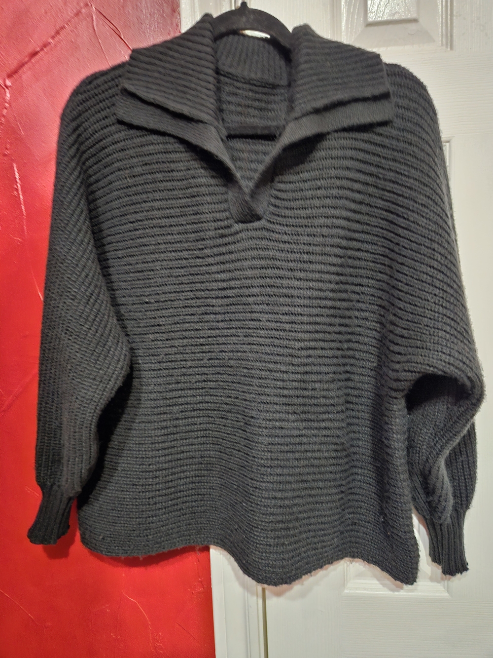 Black Ribbed Knit Collar Sweater - Women